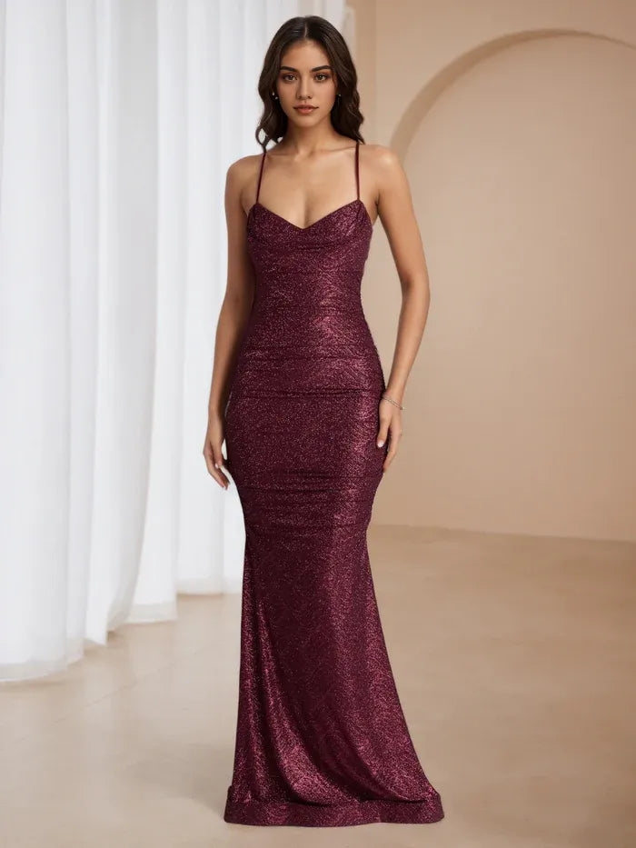 Burgundy Romantic Sparkle Prom Gown Cowl Neck Spaghetti Straps Mermaid Fit for Dreamy Events