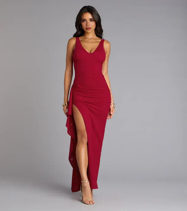 Burgundy Romantic V-Neck Sleeveless Back Zip Ruffled Mermaid Side Leg Slit Prom Dress