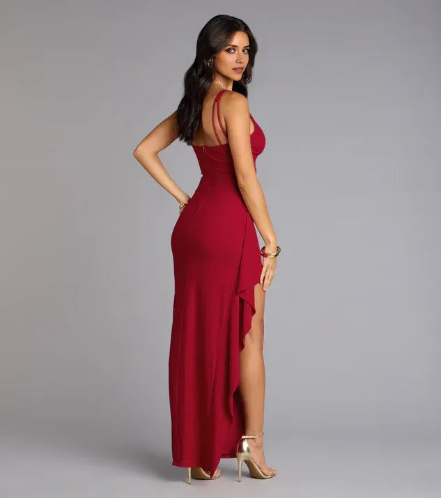 Burgundy Romantic V-Neck Sleeveless Back Zip Ruffled Mermaid Side Leg Slit Prom Dress