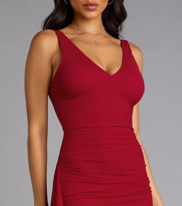 Burgundy Romantic V-Neck Sleeveless Back Zip Ruffled Mermaid Side Leg Slit Prom Dress