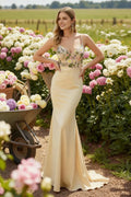Champagne Romantic Mermaid Spaghetti Straps Sleeveless Backless Floor-Length Floral Bodice Floor-Length Prom Dresses