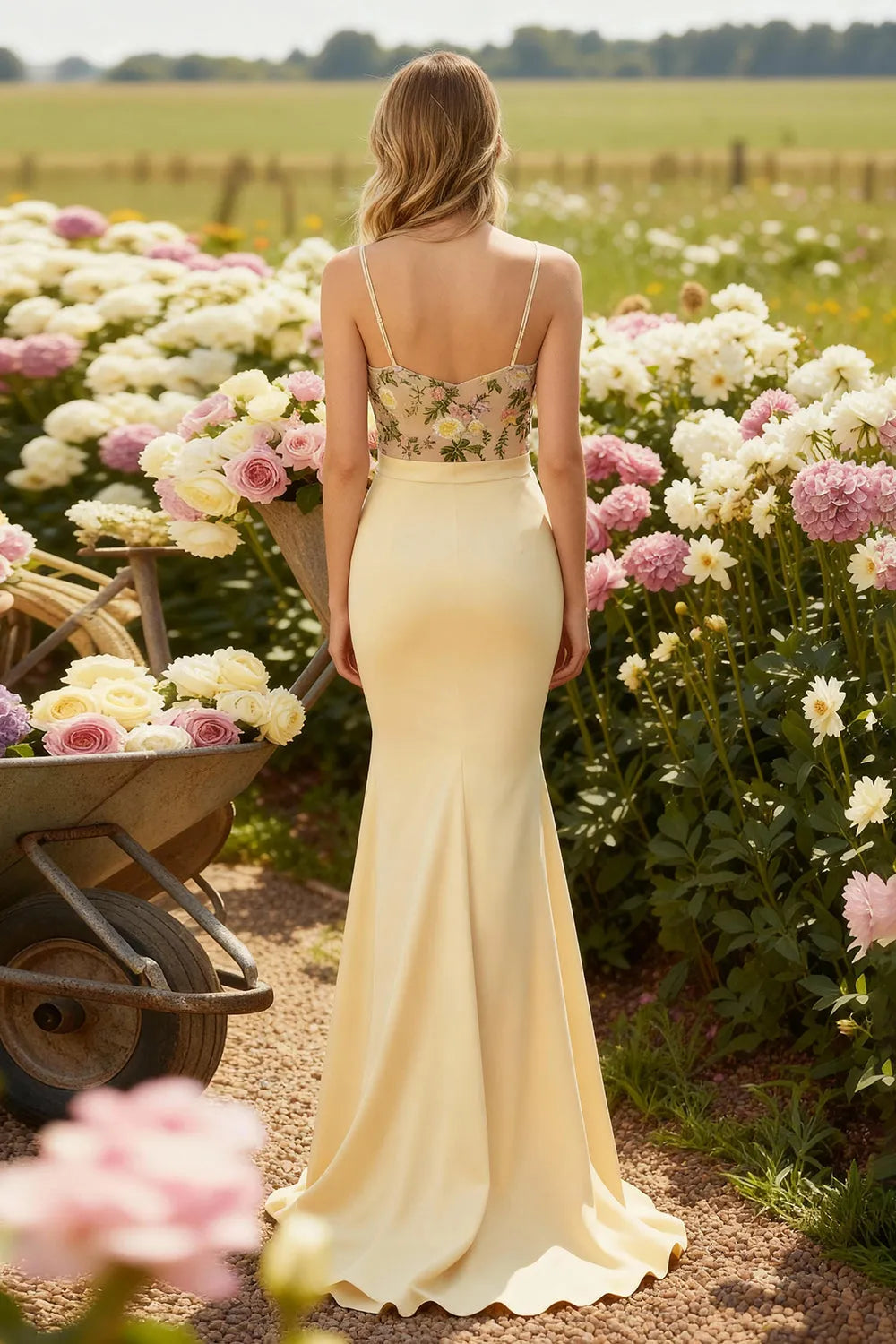 Champagne Romantic Mermaid Spaghetti Straps Sleeveless Backless Floor-Length Floral Bodice Floor-Length Prom Dresses