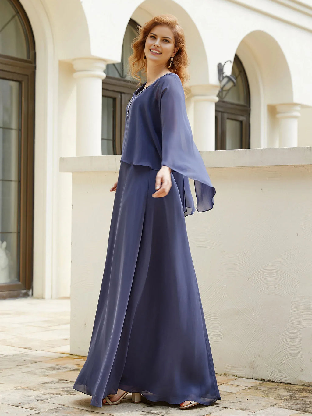Romantic A-Line V-Neck Cape-Sleeve V Back Back Zip Floor-Length Plus Size Dresses Mother of the Bride Dress