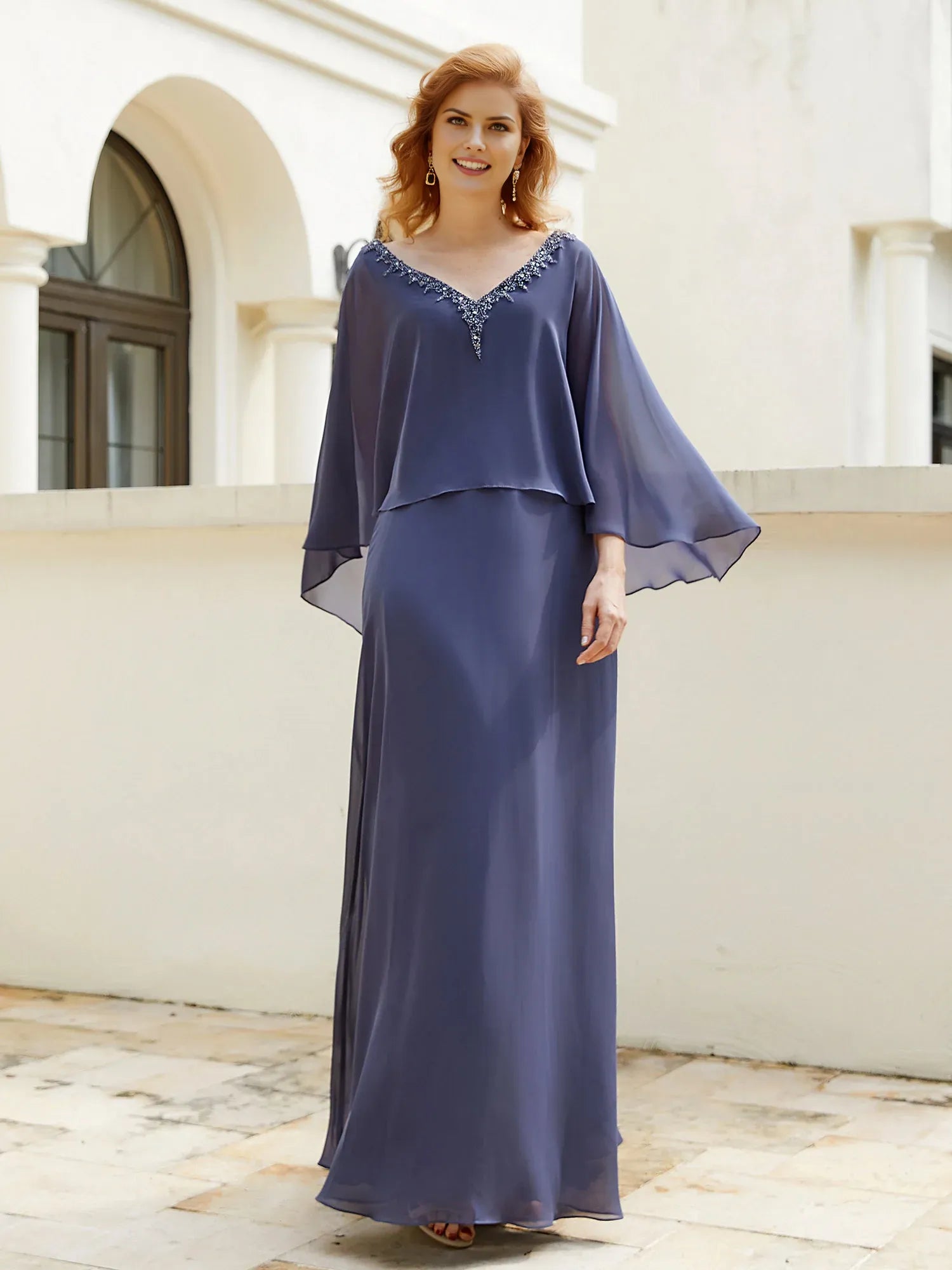 Romantic A-Line V-Neck Cape-Sleeve V Back Back Zip Floor-Length Plus Size Dresses Mother of the Bride Dress