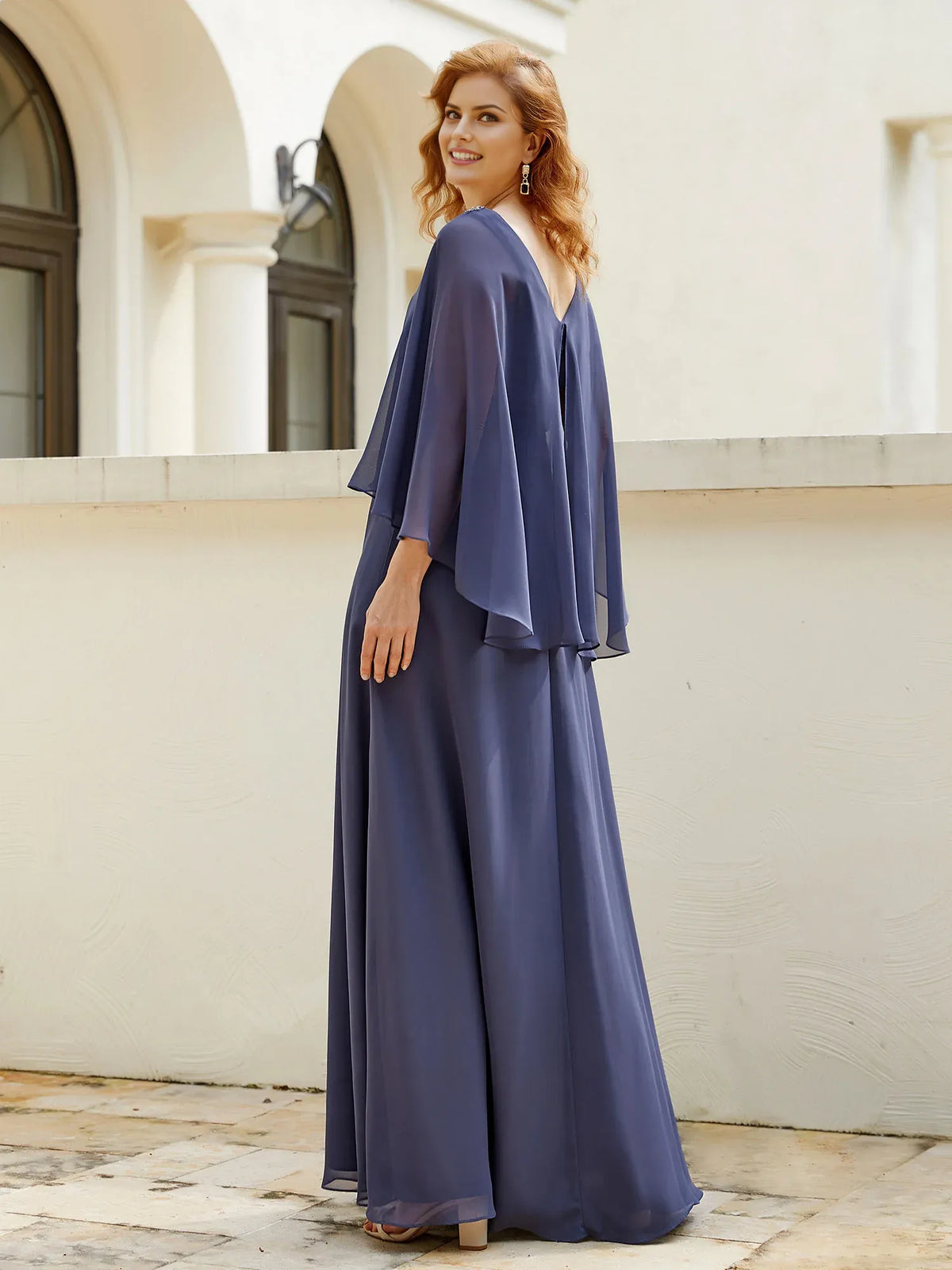 Romantic A-Line V-Neck Cape-Sleeve V Back Back Zip Floor-Length Plus Size Dresses Mother of the Bride Dress