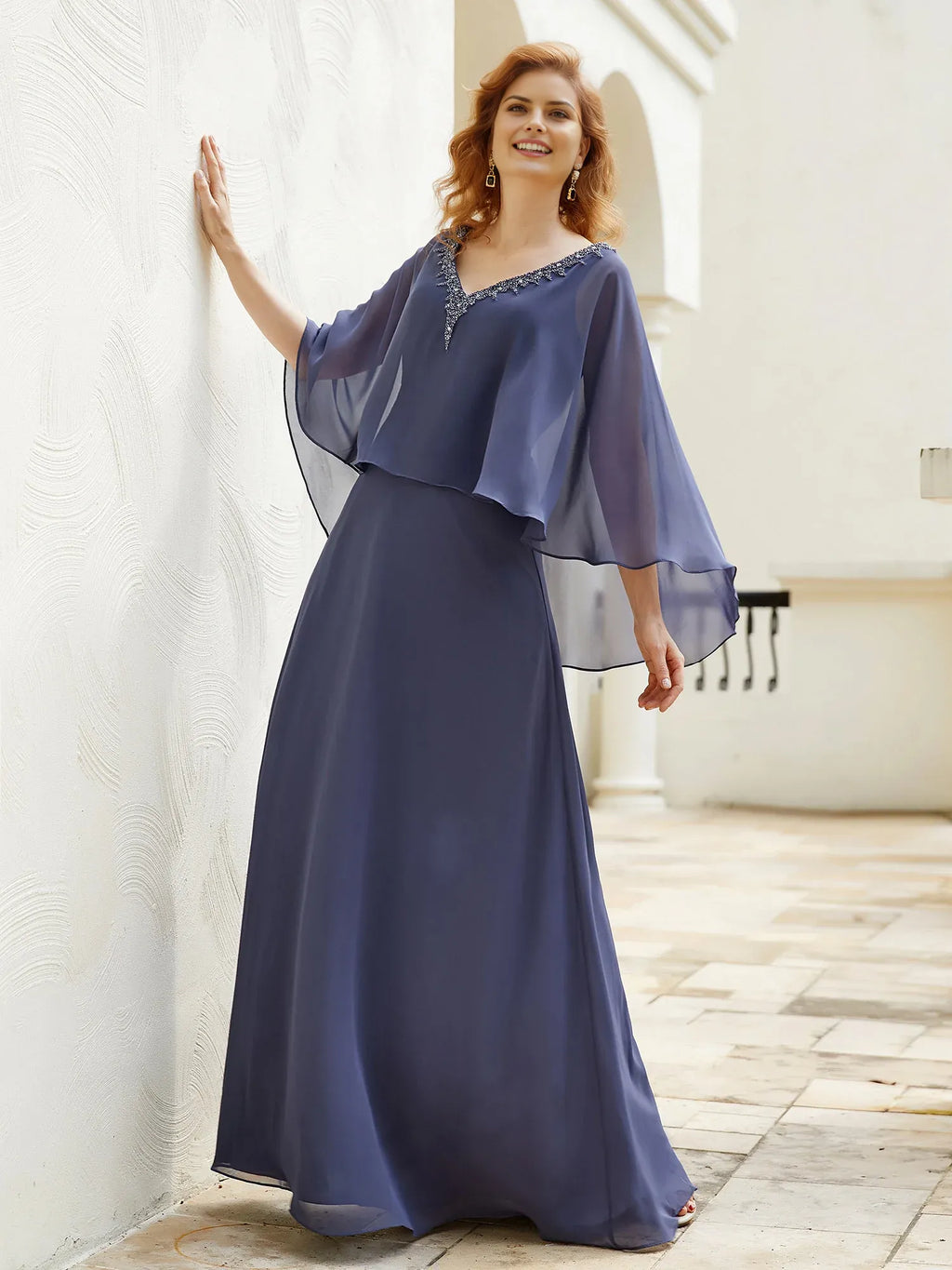 Romantic A-Line V-Neck Cape-Sleeve V Back Back Zip Floor-Length Plus Size Dresses Mother of the Bride Dress