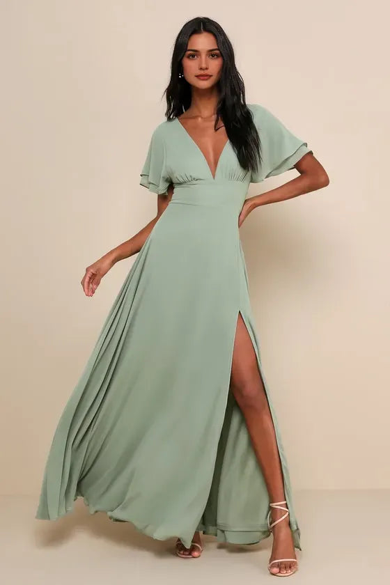 Green Romantic Deep V - Neck Flutter Sleeves Back Zip Flowy Evening Dress Slit Skirt