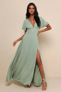 Green Romantic Deep V - Neck Flutter Sleeves Back Zip Flowy Evening Dress Slit Skirt