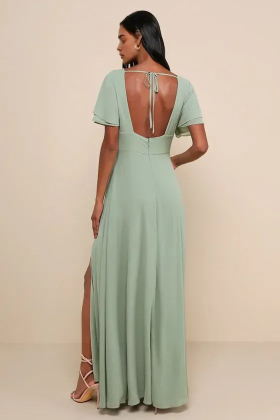 Green Romantic Deep V - Neck Flutter Sleeves Back Zip Flowy Evening Dress Slit Skirt