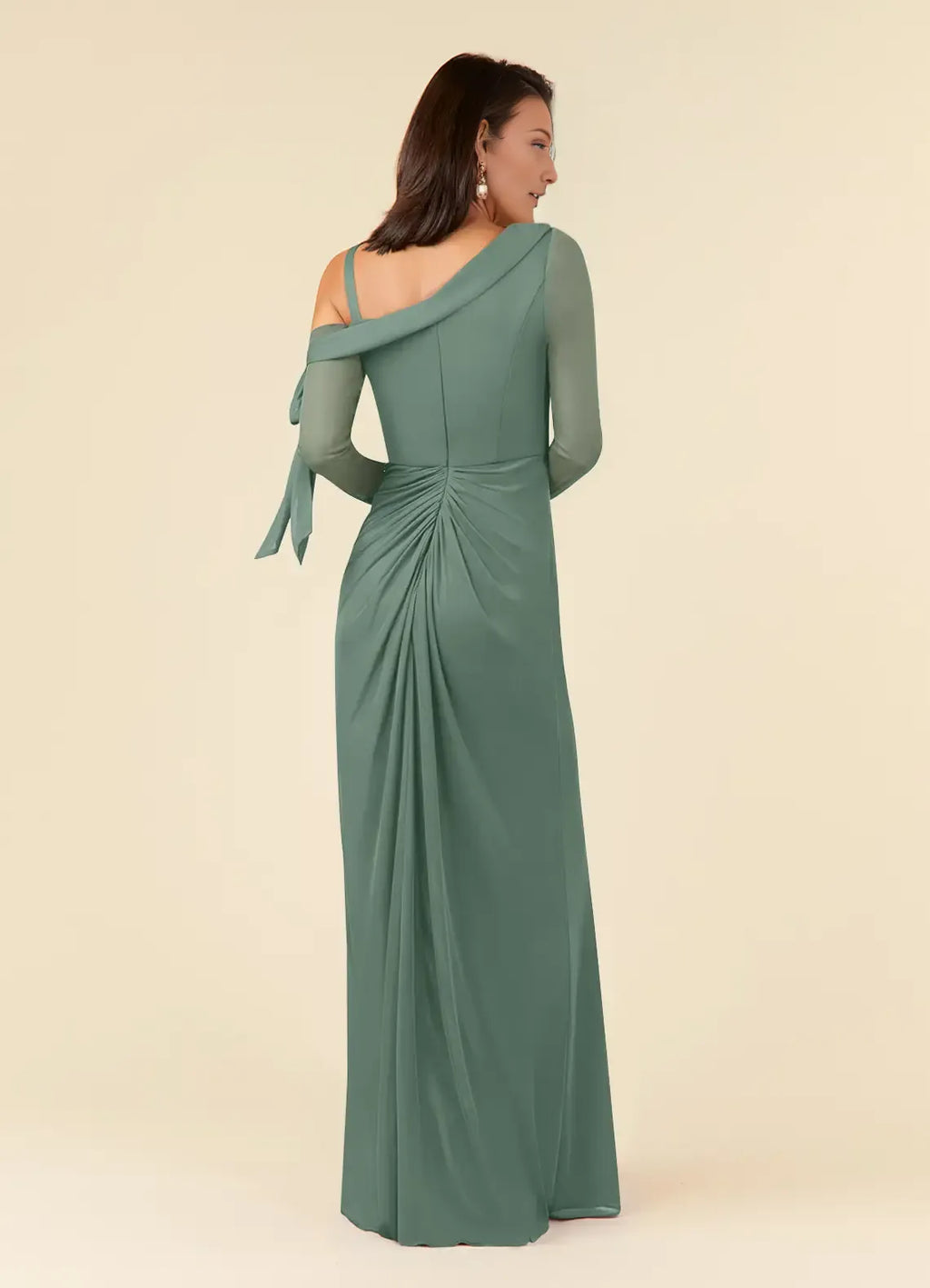 Green Romantic Mother of the Bride Dress with Asymmetric One - Shoulder Sheer Sleeves Cuffs and Side Slit
