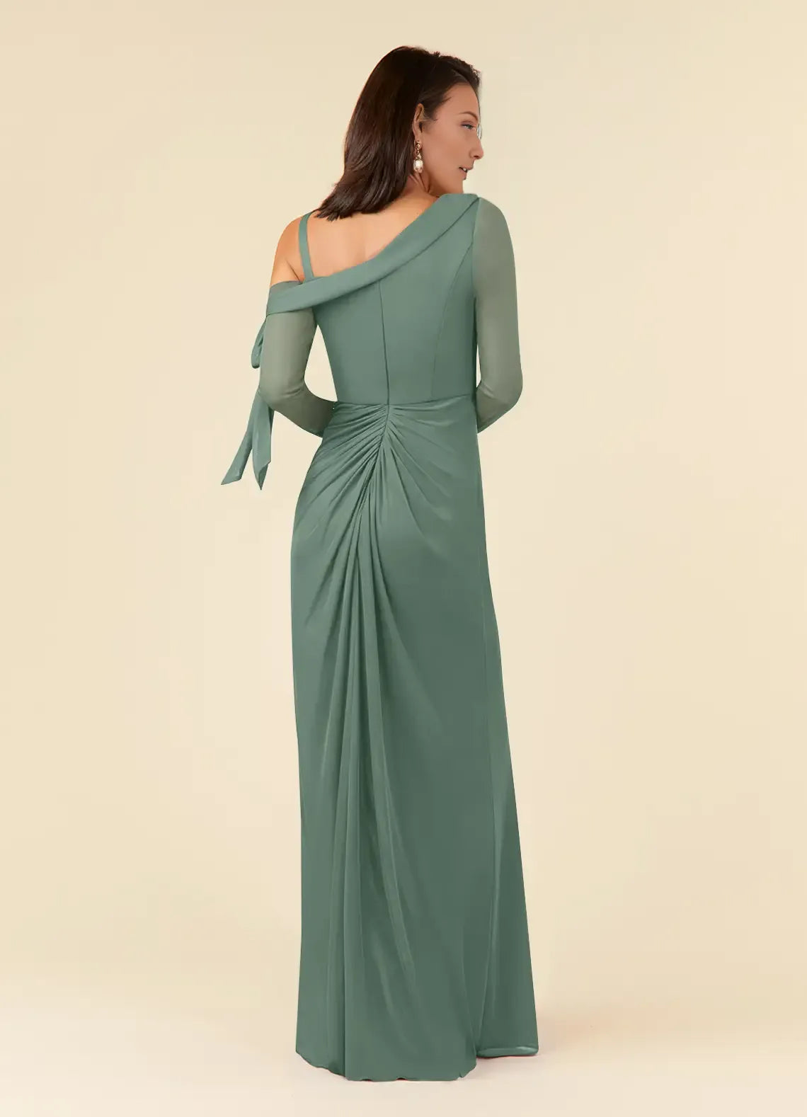 Green Romantic Mother of the Bride Dress with Asymmetric One - Shoulder Sheer Sleeves Cuffs and Side Slit