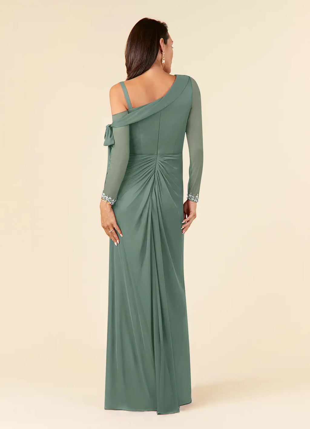 Green Romantic Mother of the Bride Dress with Asymmetric One - Shoulder Sheer Sleeves Cuffs and Side Slit