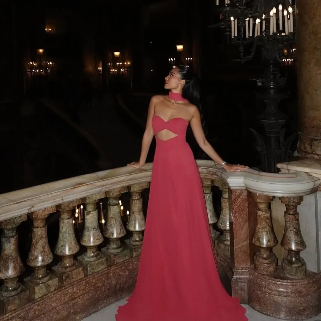 Red Romantic Halter Sleeveless Cutout Floor-Length Prom Dress