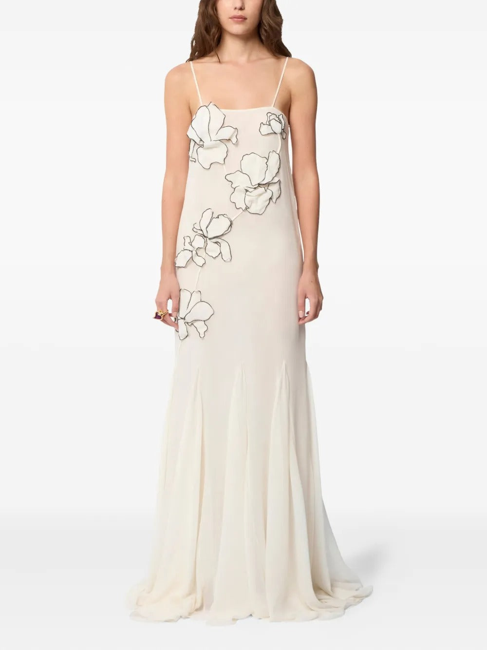 Ivory Romantic Floral-Appliqué Spaghetti-Strap Evening Dress