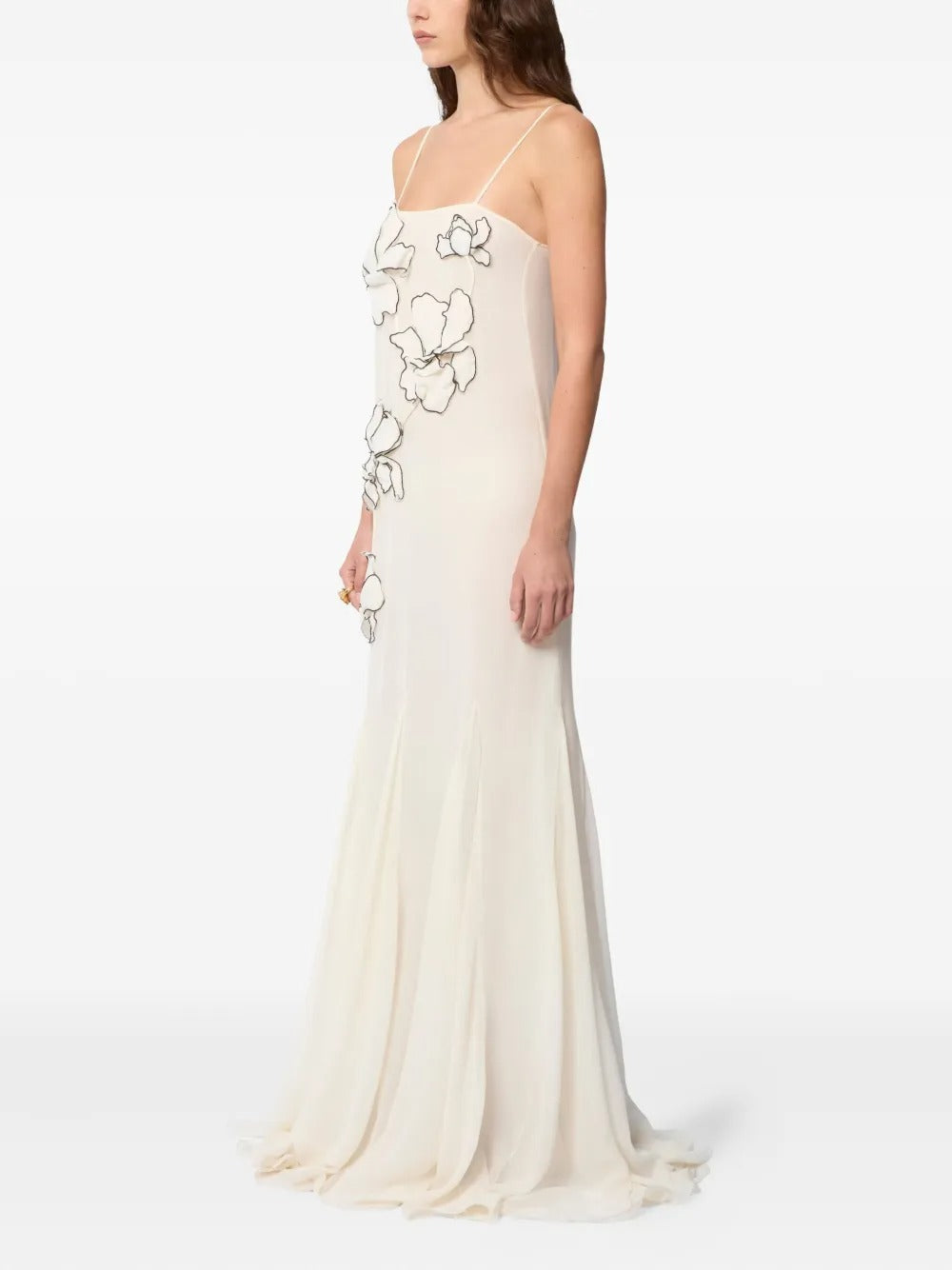 Ivory Romantic Floral-Appliqué Spaghetti-Strap Evening Dress