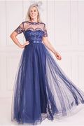 Navy A‑Line Illusion Neck Short Sleeve Keyhole Back Floor‑Length Mother Of The Bride Dress