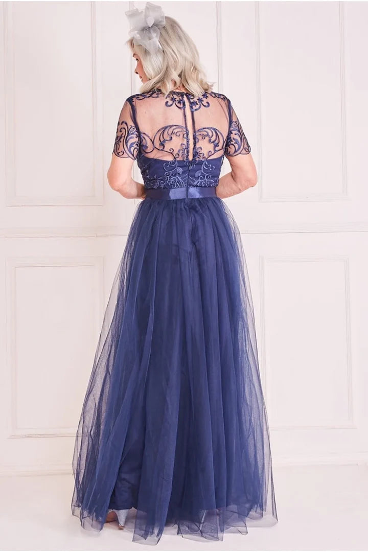 Navy A‑Line Illusion Neck Short Sleeve Keyhole Back Floor‑Length Mother Of The Bride Dress