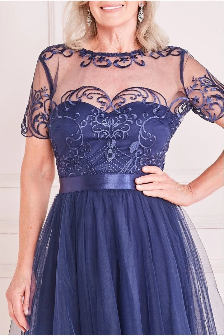 Navy A‑Line Illusion Neck Short Sleeve Keyhole Back Floor‑Length Mother Of The Bride Dress
