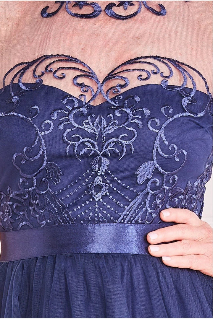 Navy A‑Line Illusion Neck Short Sleeve Keyhole Back Floor‑Length Mother Of The Bride Dress