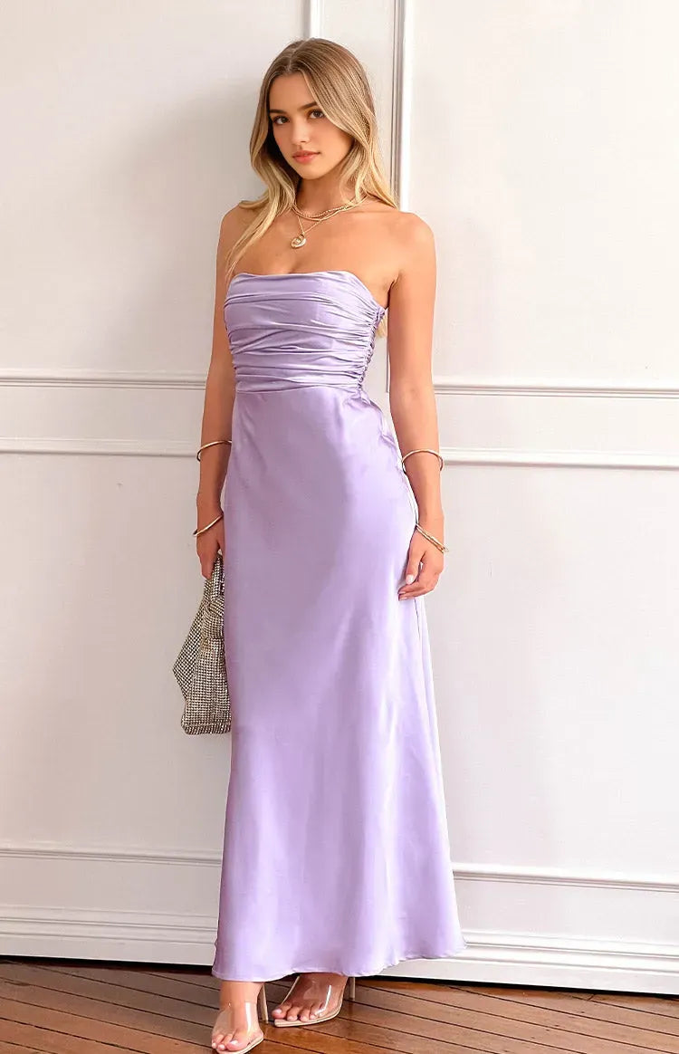 Lavender Romantic Prom Dress Strapless Ruched Bodice Flowy Maxi Fit for a Dreamy Appeal