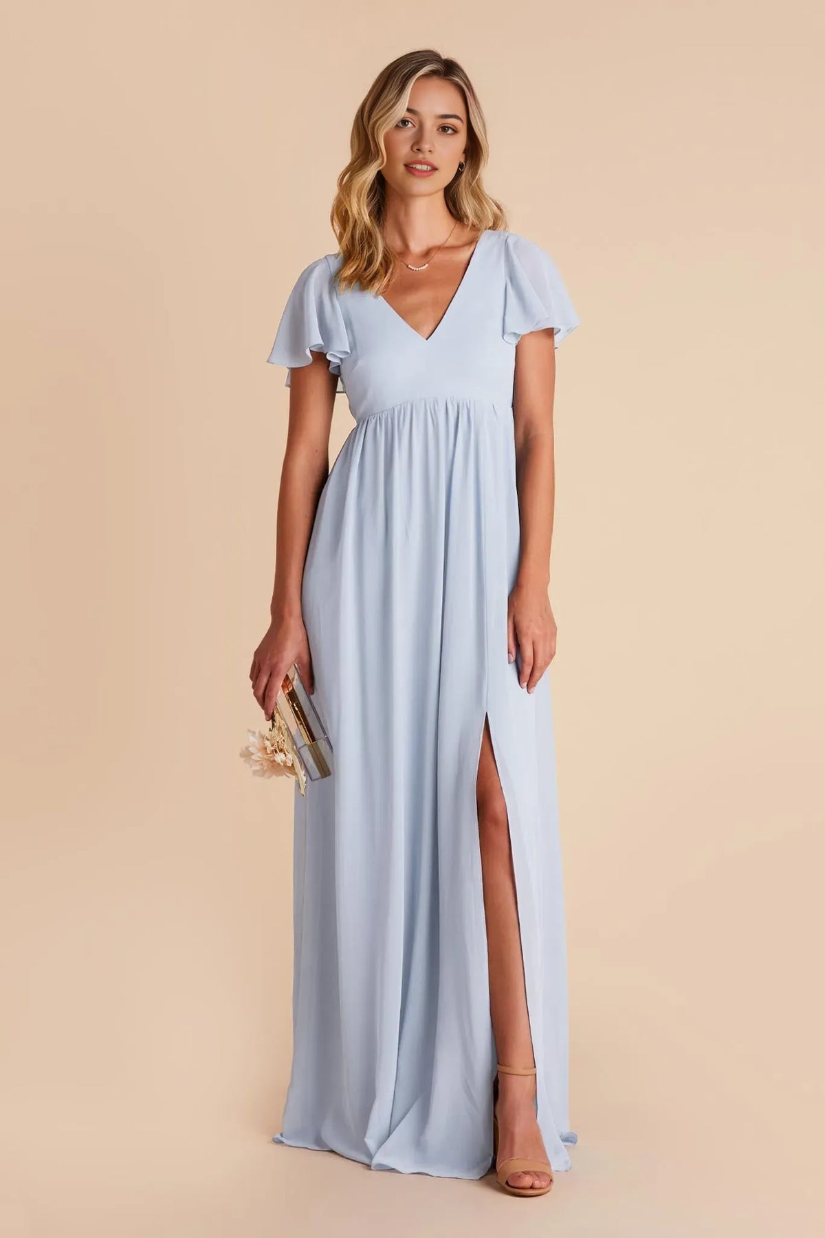 Light Blue Romantic Light Ball Gown Flutter Sleeves V Neck Side Slit with for Formal Galas