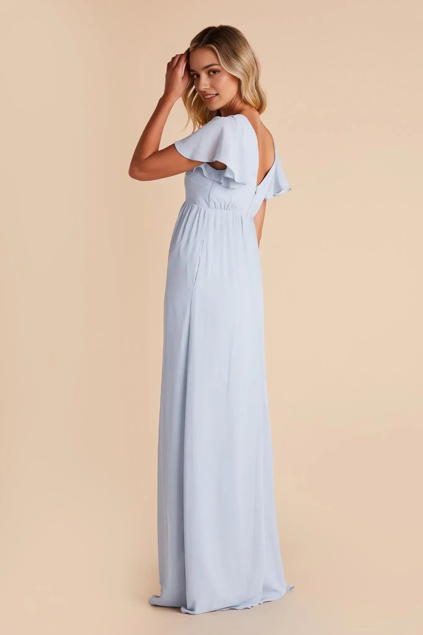 Light Blue Romantic Light Ball Gown Flutter Sleeves V Neck Side Slit with for Formal Galas