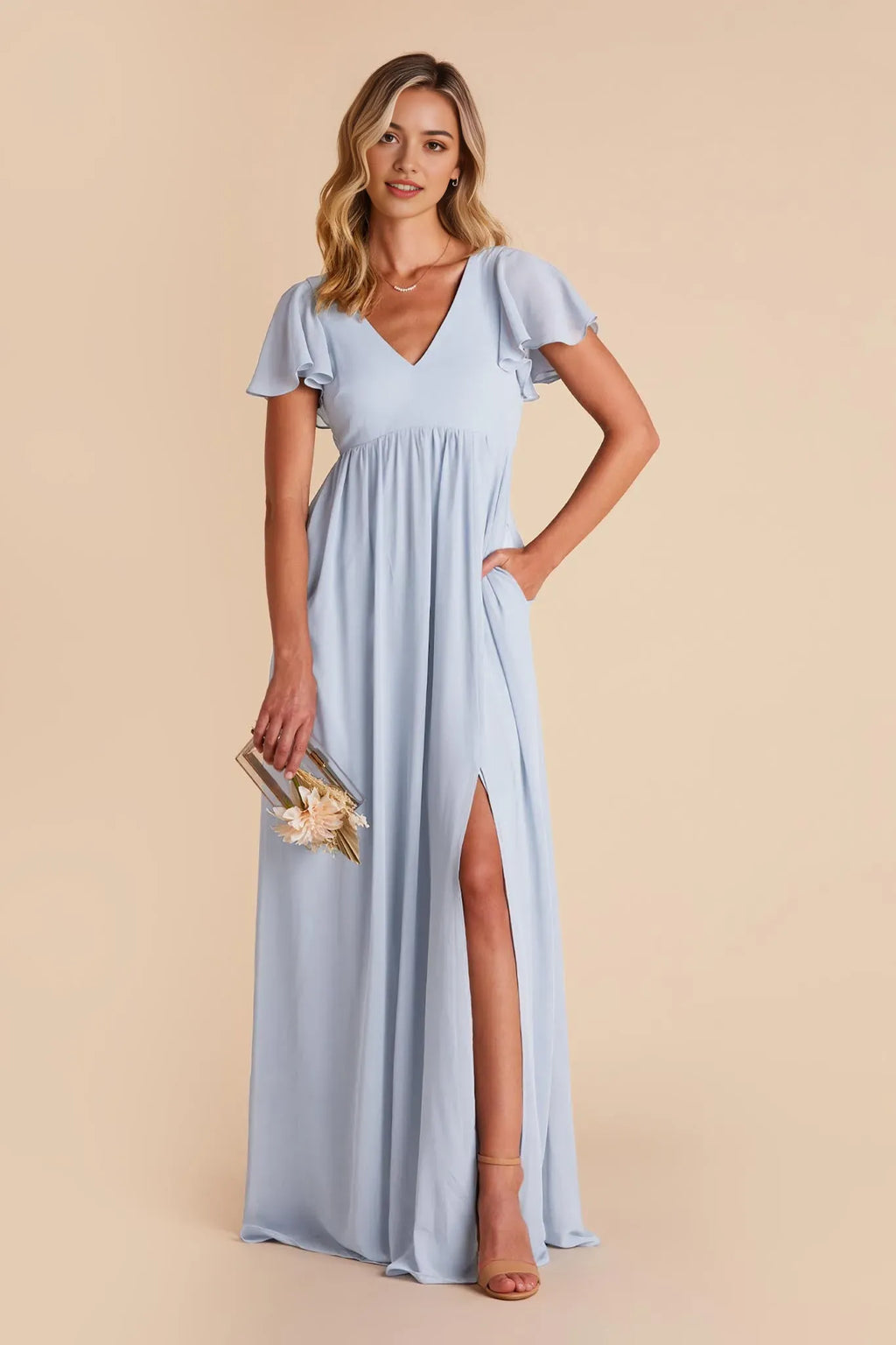 Light Blue Romantic Light Ball Gown Flutter Sleeves V Neck Side Slit with for Formal Galas