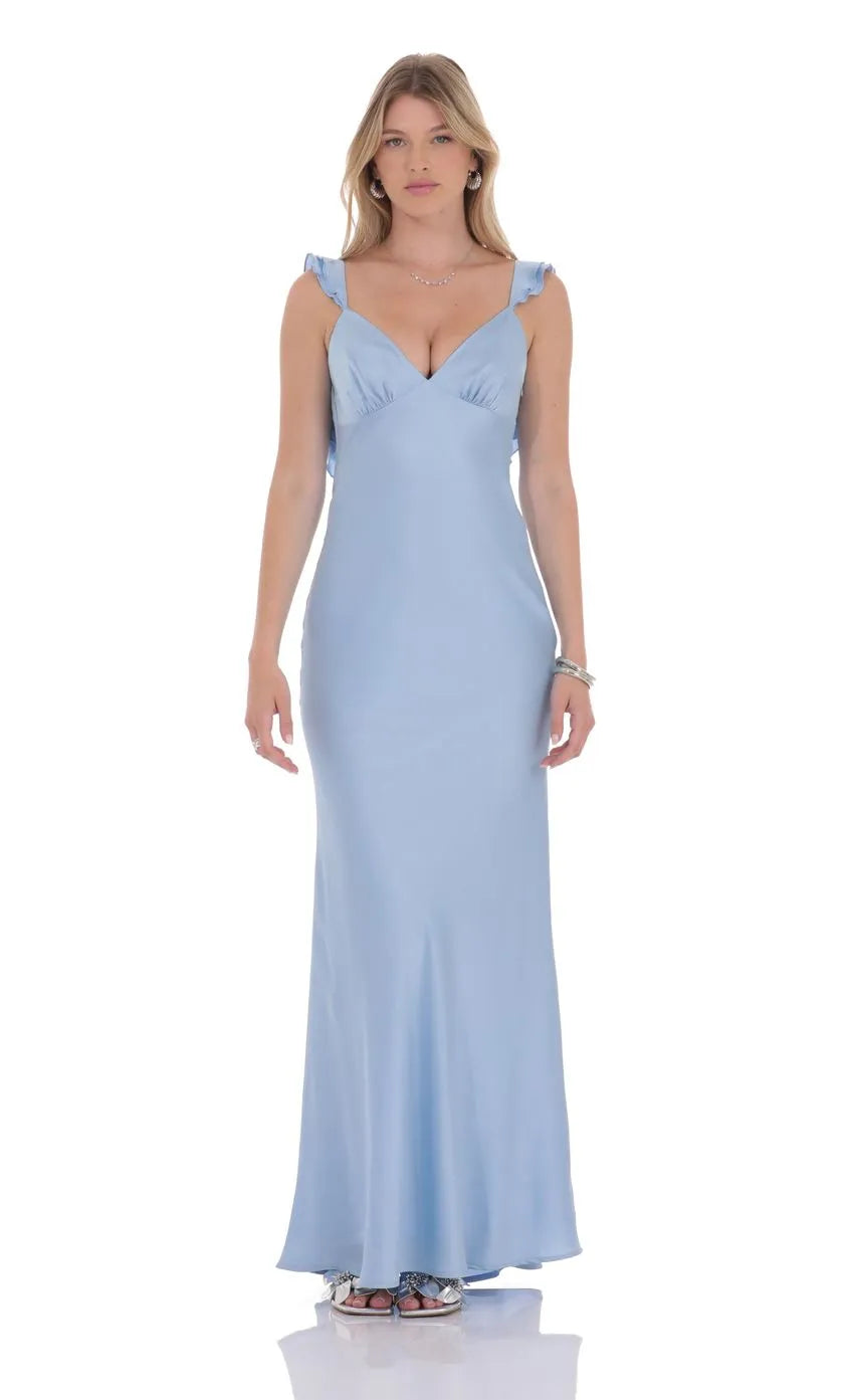 Light Blue Romantic Light Prom Dress with Ruffled Straps Plunging V Neck Suited for Dreamy Prom Events