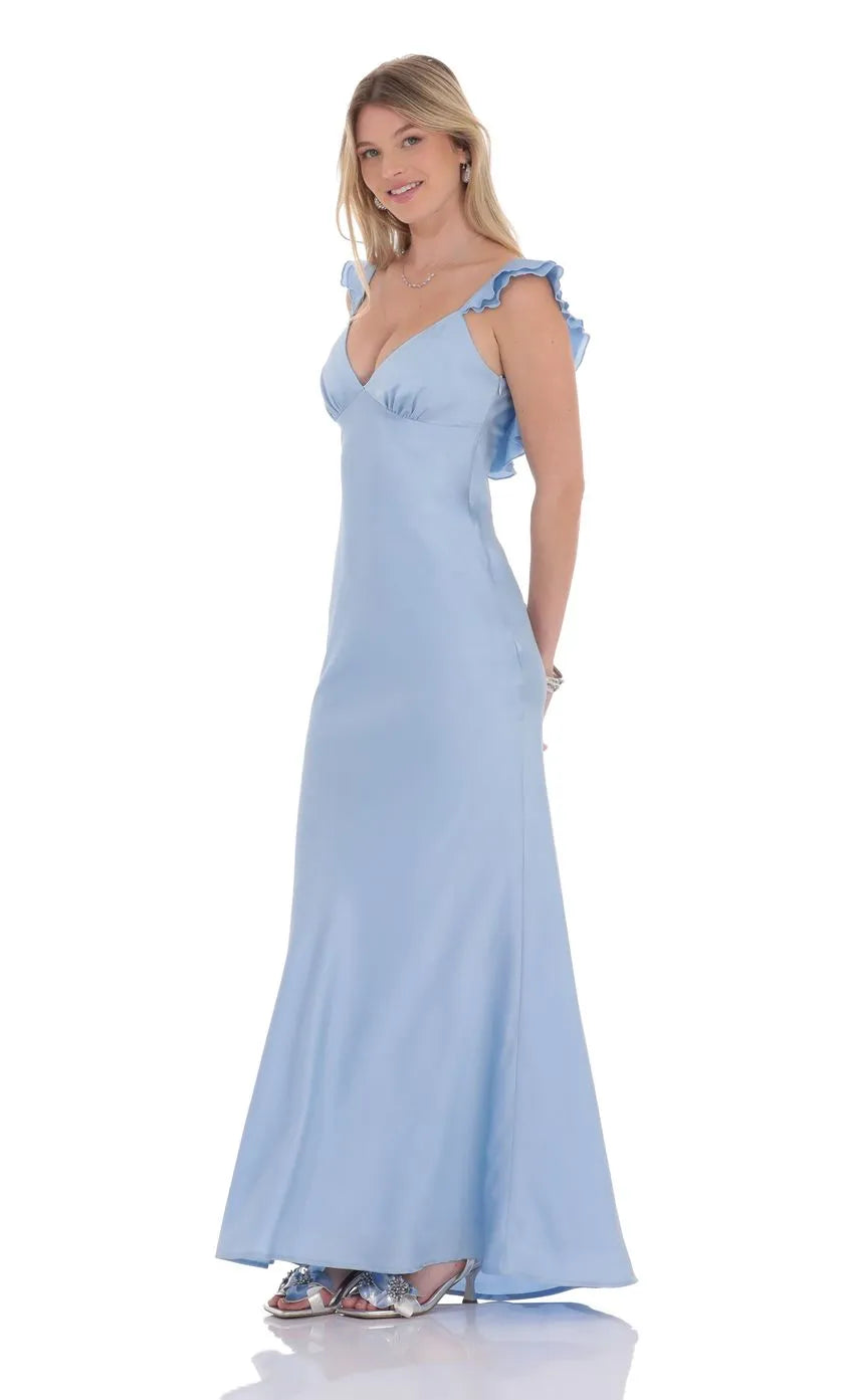 Light Blue Romantic Light Prom Dress with Ruffled Straps Plunging V Neck Suited for Dreamy Prom Events