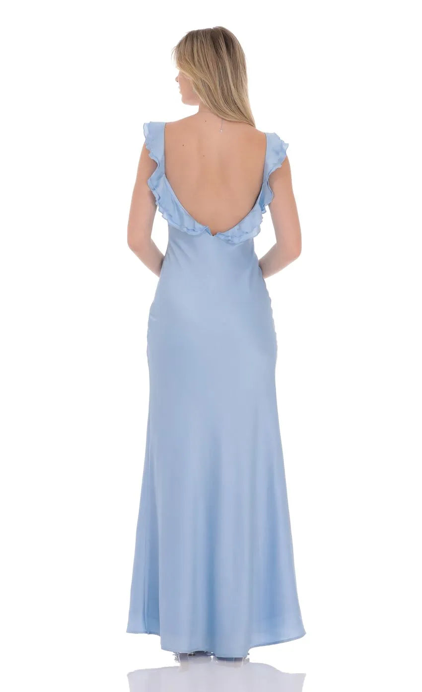 Light Blue Romantic Light Prom Dress with Ruffled Straps Plunging V Neck Suited for Dreamy Prom Events