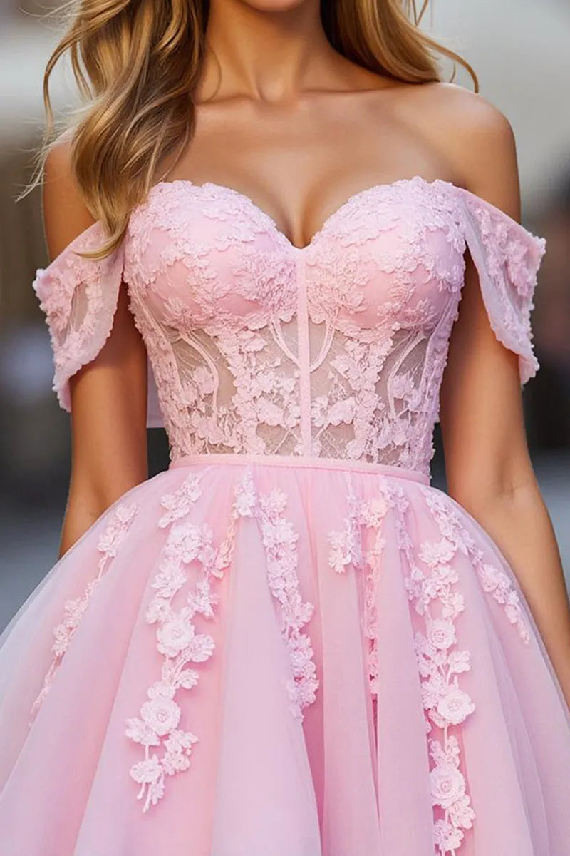Pink Romantic Light Off - Shoulder Homecoming Dress with Floral Appliqu¨¦s