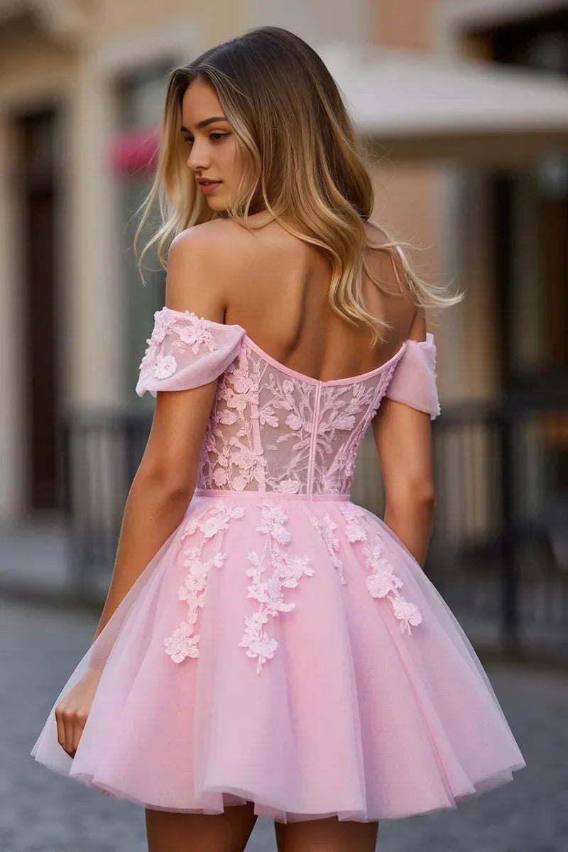 Pink Romantic Light Off - Shoulder Homecoming Dress with Floral Appliqu¨¦s