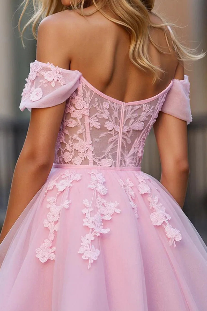 Pink Romantic Light Off - Shoulder Homecoming Dress with Floral Appliqu¨¦s