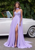 Lilac Romantic A-Line Halter-Neck Sleeveless Back Zip Floor-Length Prom Dresses with High Slit