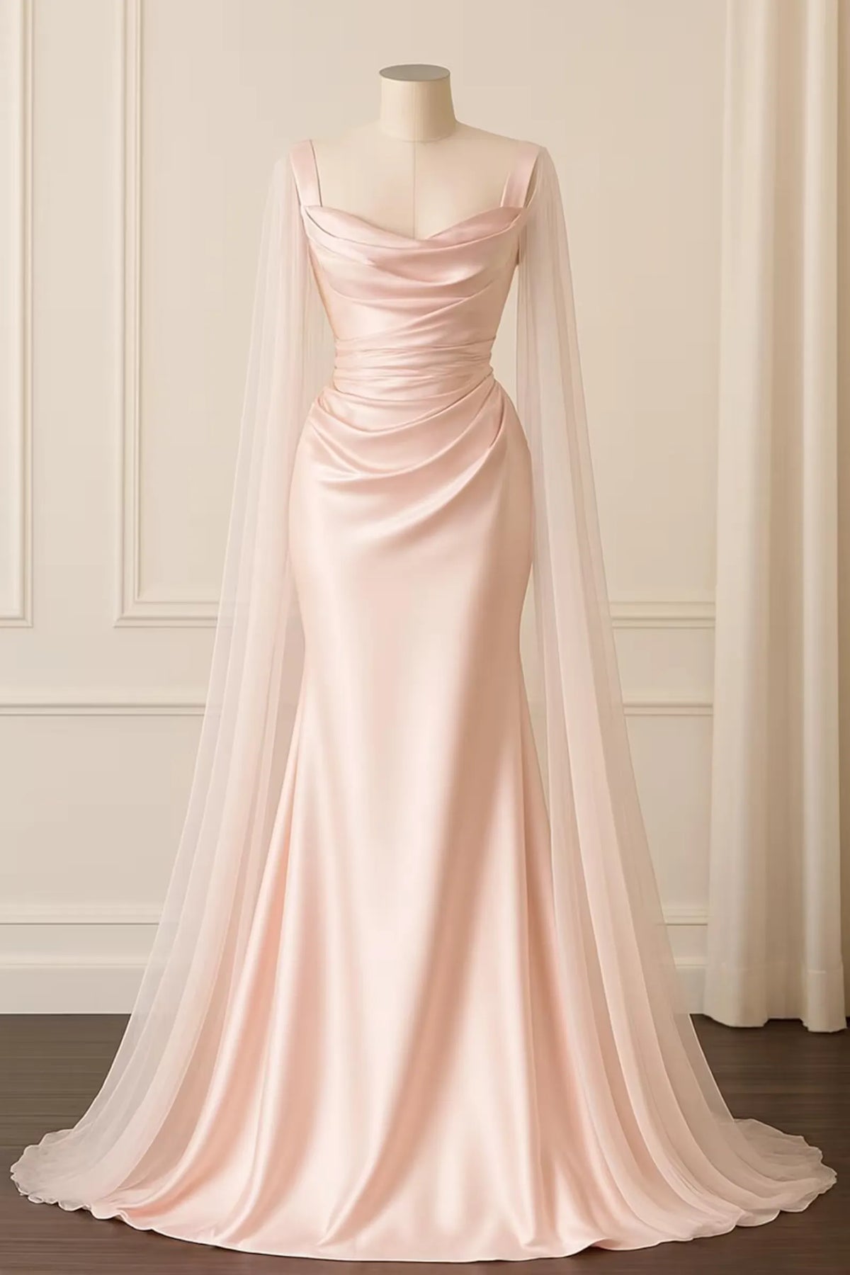 Romantic Mermaid Cowl Neck Sheer-Sleeved Ruched Blush Floor-Length Prom Dress