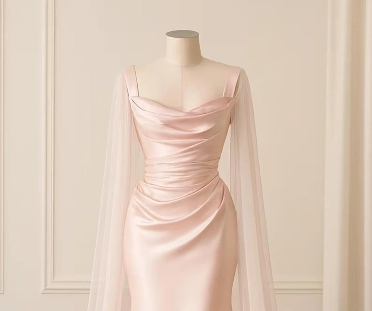 Romantic Mermaid Cowl Neck Sheer-Sleeved Ruched Blush Floor-Length Prom Dress