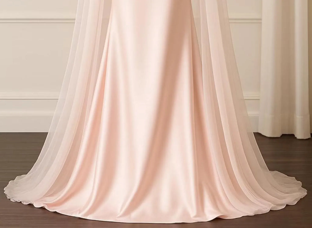 Romantic Mermaid Cowl Neck Sheer-Sleeved Ruched Blush Floor-Length Prom Dress