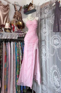 Pink Romantic Mermaid Halter Neck Sleeveless Ruched Maxi Prom Dress
