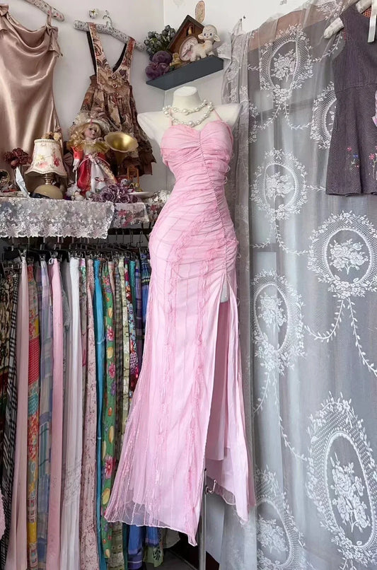 Romantic Pink Mermaid Halter-Neck Sleeveless Classic-Back Floor-Length Prom Dress