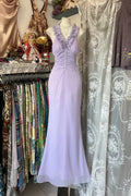 Lavender Romantic Mermaid Halter Ruffled Maxi Prom Dress