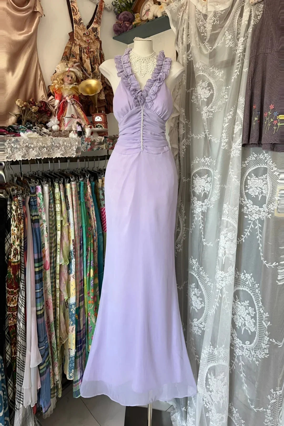 Lavender Romantic Mermaid Halter Ruffled Maxi Prom Dress