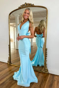 Romantic Mermaid Halter Sleeveless Bow Back Maxi Prom Dress