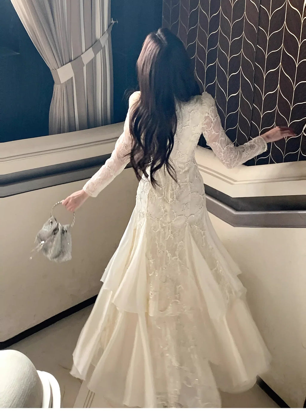 Ivory Romantic Mermaid High-Neck Long-Sleeved Long Prom Dresses