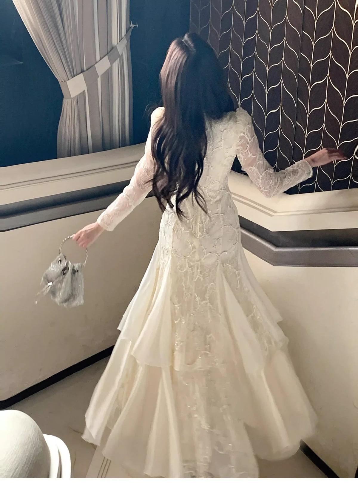 Ivory Romantic Mermaid High-Neck Long-Sleeved Long Prom Dresses