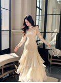 Ivory Romantic Mermaid High-Neck Long-Sleeved Long Prom Dresses
