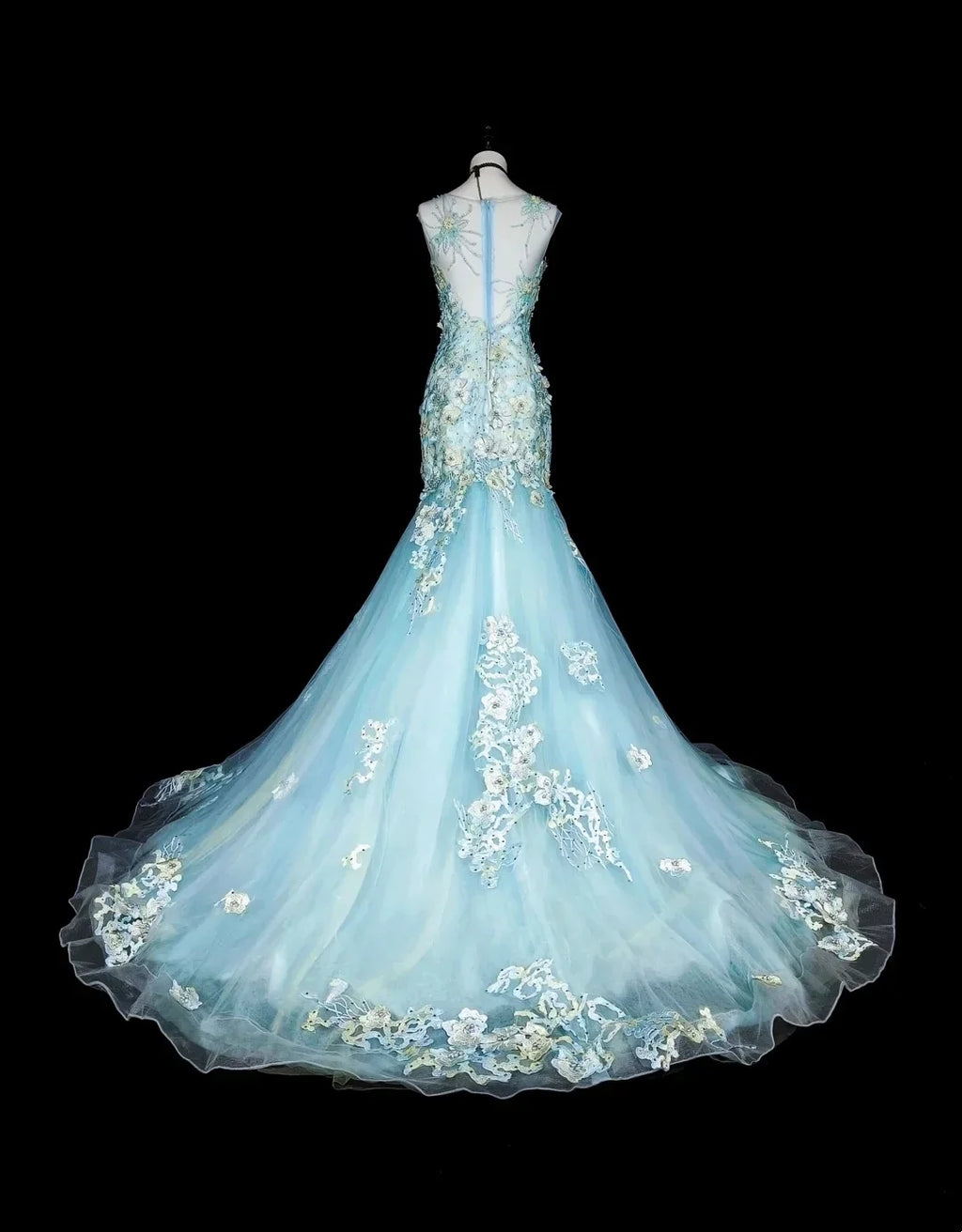 Light Blue Romantic Mermaid High Neck Sleeveless Embroidered Light Maxi Prom Dress