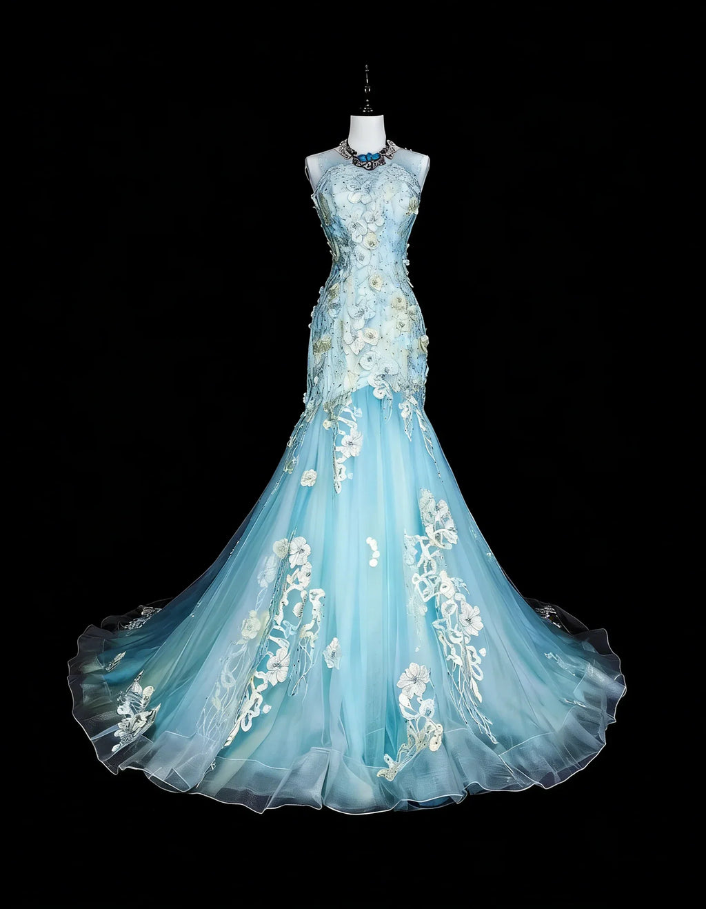 Light Blue Romantic Mermaid High Neck Sleeveless Embroidered Light Maxi Prom Dress