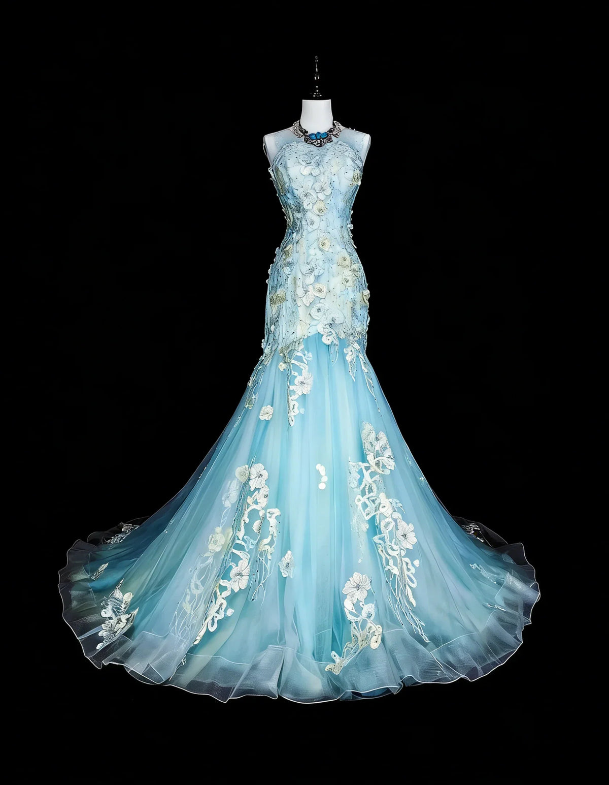 Light Blue Romantic Mermaid High Neck Sleeveless Embroidered Light Maxi Prom Dress