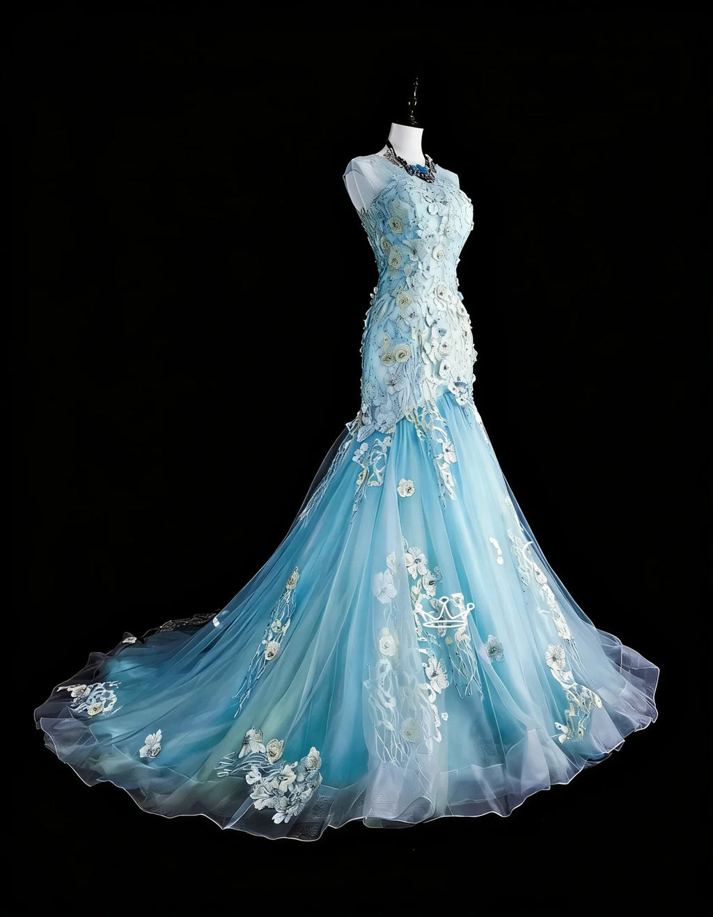 Light Blue Romantic Mermaid High Neck Sleeveless Embroidered Light Maxi Prom Dress