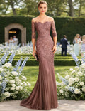 Romantic Mermaid Off-Shoulder 3/4 Sleeve Applique Mocha Floor-Length Prom Dress